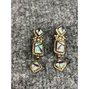 Sterling Silver Opal Inlay Dangle Earrings Signed K Purple Mosaic